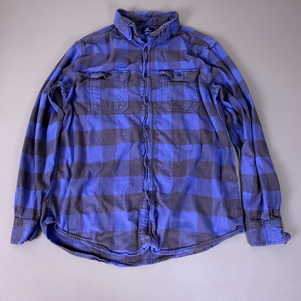 George Flannel Shirt Men's Large Blue Gray Buffalo Plaid Long Sleeve Button Down
